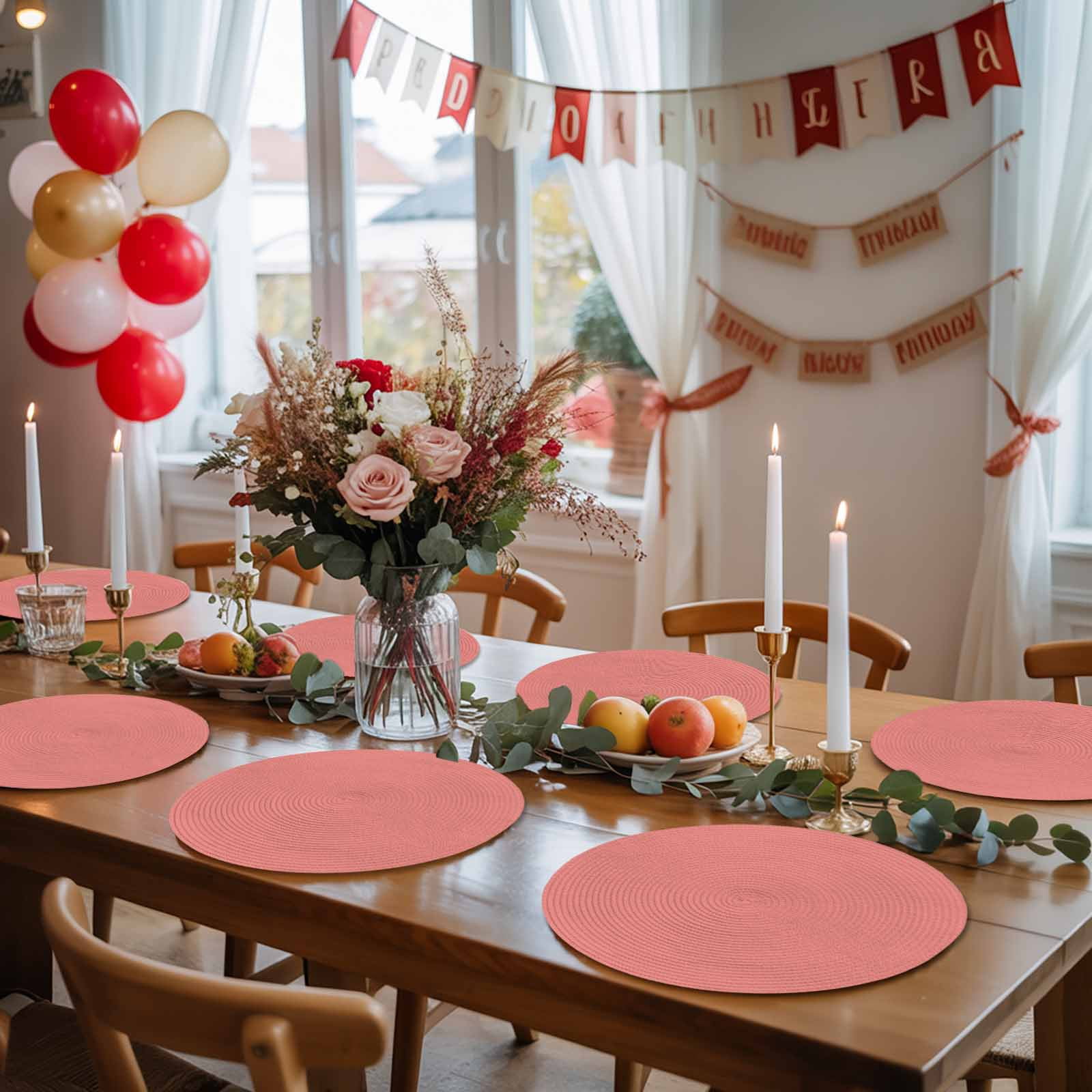 Round Placemats Coral Red 15 inch Set of 6 Table Mats for Dining Table Solid Color Heat Resistant Non-Slip Kitchen & Home Decorative Place Mat Set