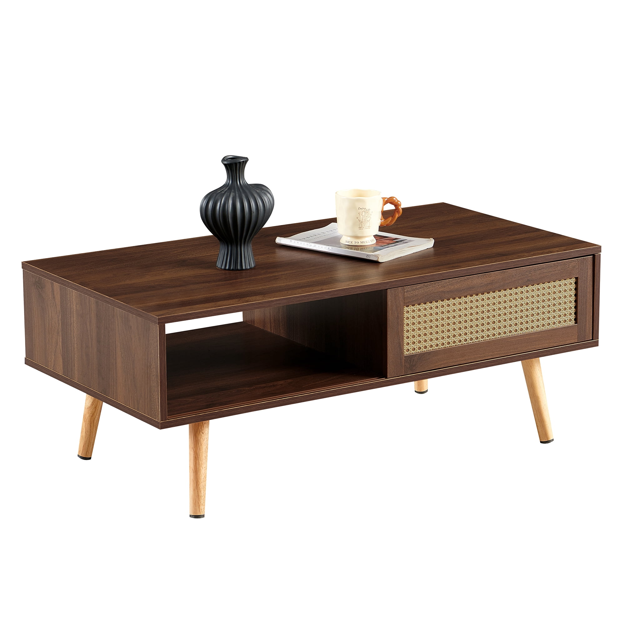 Leumius 41.3 Inch Rattan Coffee Table with Sliding Storage Door, Rectangle Wooden Accent Center Sofa Table with Solid Wood Legs,Suitable for Living Room,Walnut