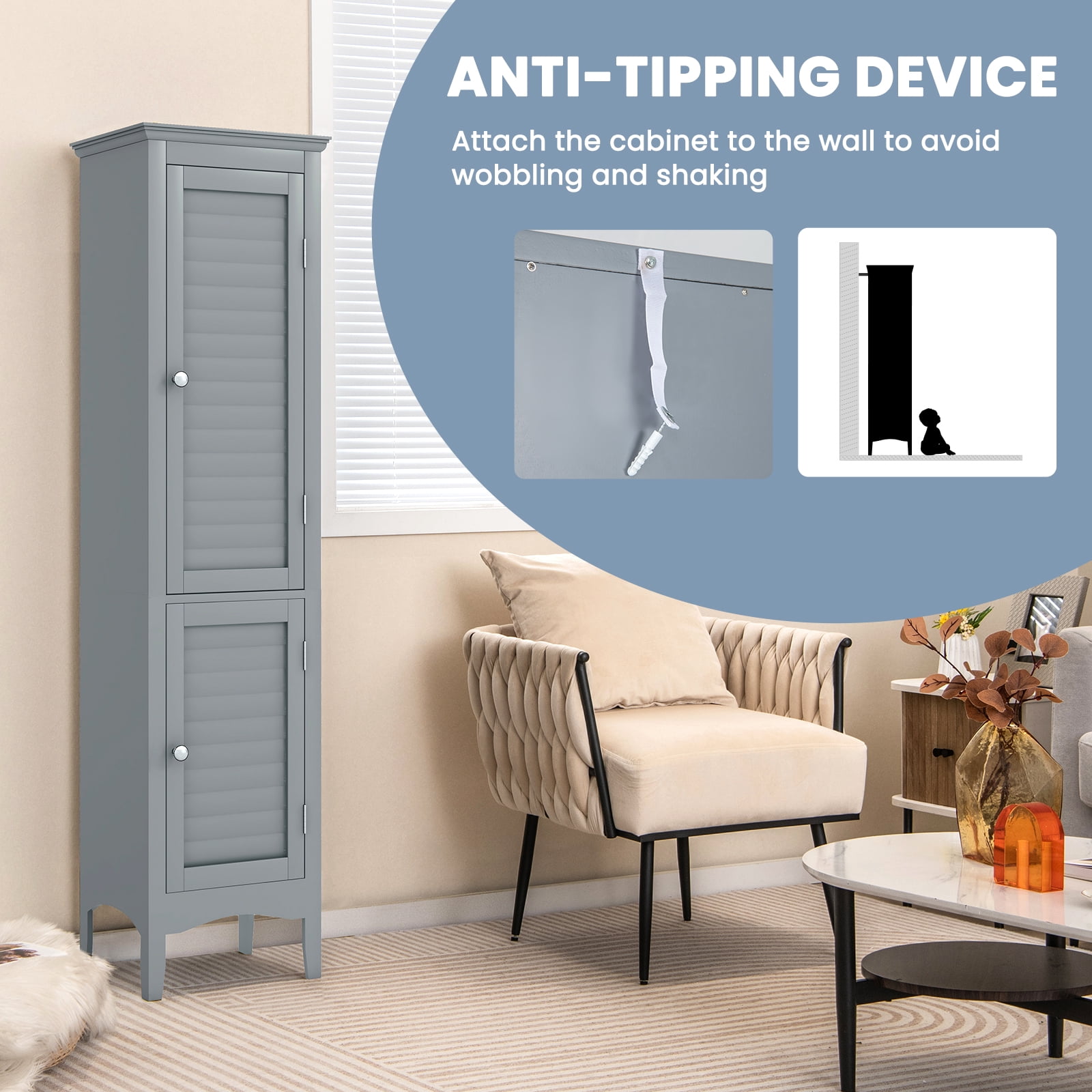 Topbuy Freestanding Bathroom Storage Cabinet Tall Narrow Storage Cabinet with 1 Adjustable Shelf 1 Drawer and 2 Doors Gray