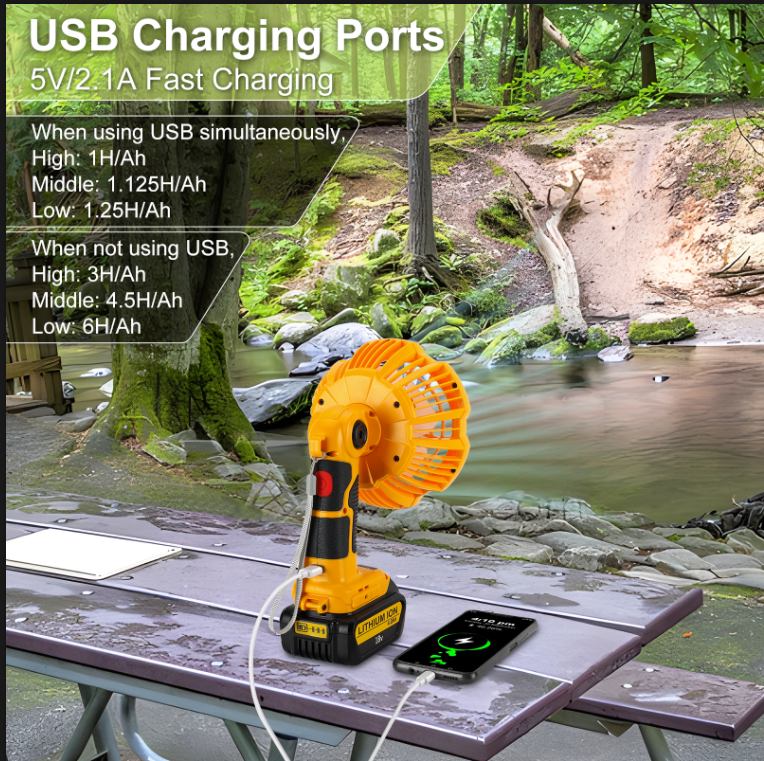 Outdoor Portable Camping Fan with Light,for Tent Hiking Fishing Travel, 3 Modes Brightness and Wind Speed, Powered by Dewalt 18V/20V Li-ion Battery BCD606 DCB205 DCB609 DCB204etc.