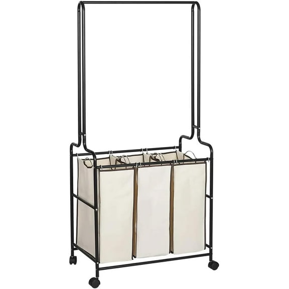 3-Section Heavy Duty Laundry Sorter Cart with Hanging Bar | Rolling Hamper on Wheels with 3 Removable Bags for Laundry Room Organization