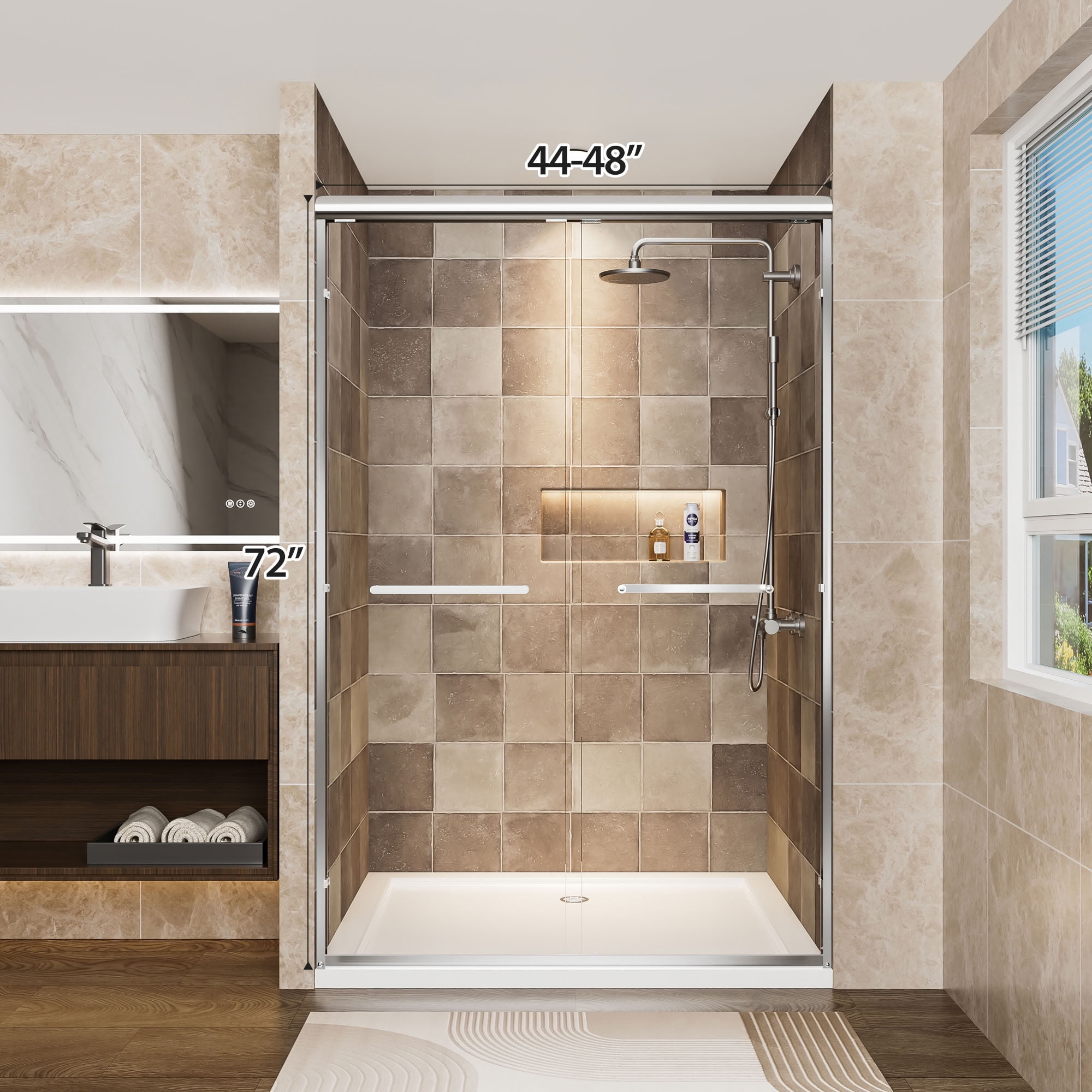 MAYEERTY Double Sliding Shower Door, 1/4" Tempered Safety Glass with Explosion-Proof Film, Waterproof & Reversible Installation