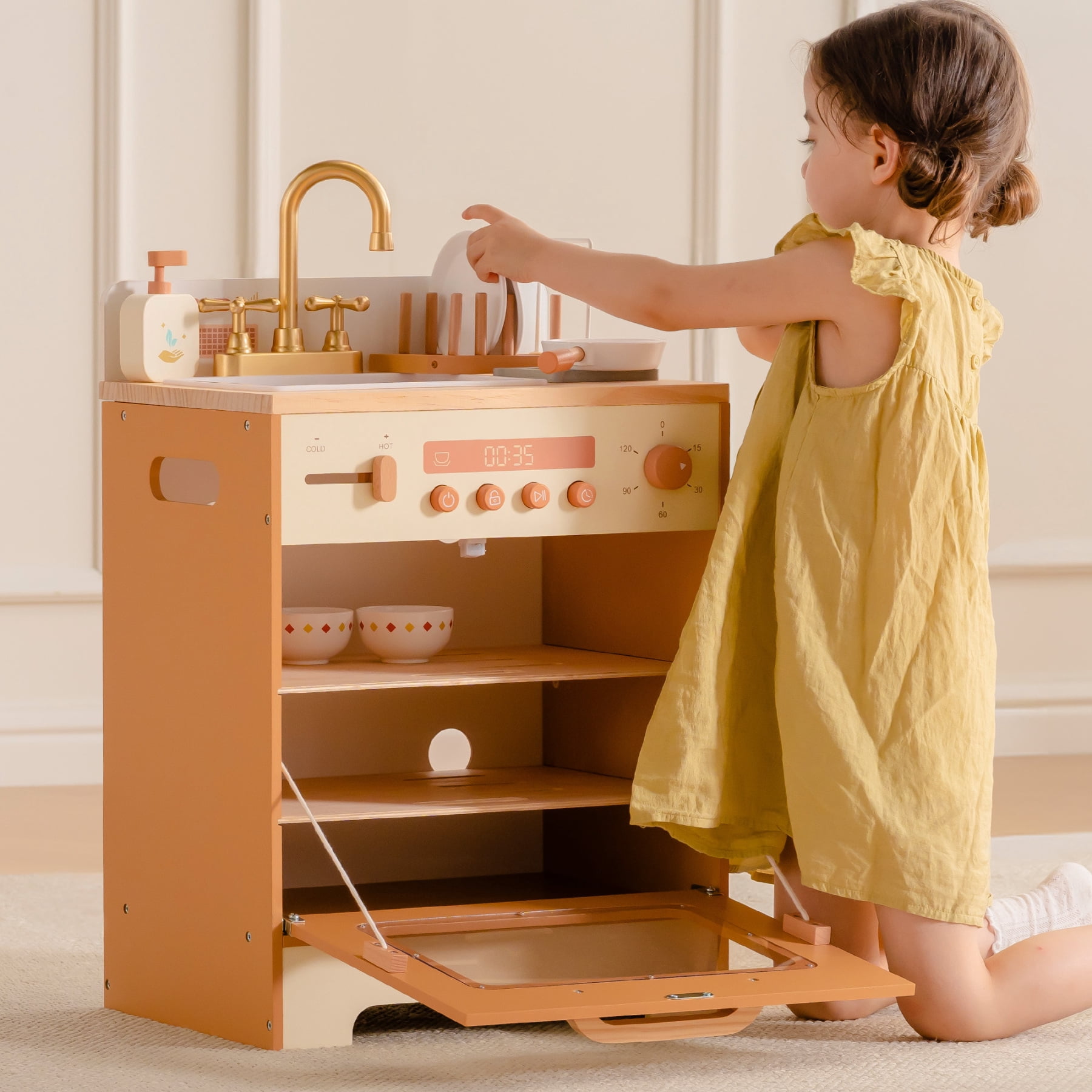 Robud Wooden Dishwasher Playset for Kids - Pretend Kitchen Sink with Faucet, Turning Knobs, Dish Rack & Tableware for Toddler Role Play Toy Ages 3+, Caramel