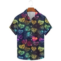 Valentine's Day Mens Shirt, Heart Print Shirt Men, Men's Valentine's Day Printed Shirts Casual Short Sleeved Lapel Shirt Tops
