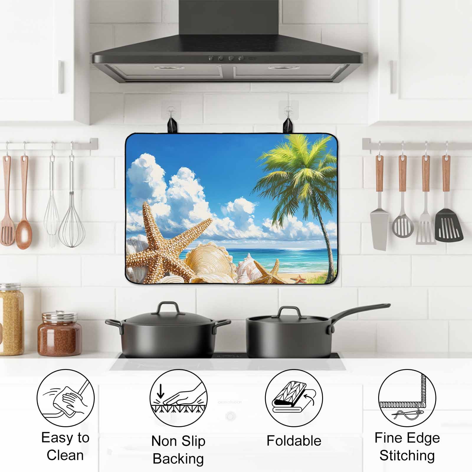 Beach Blue Stove Top Cover for Electric Stove, Heat-proof & Non Slip Glass Top Stove Cover Protector, Starfish Palm Tree Shell Sandy Beach Kitchen Flat Cooktop Rubber Mat 24x21 Inches