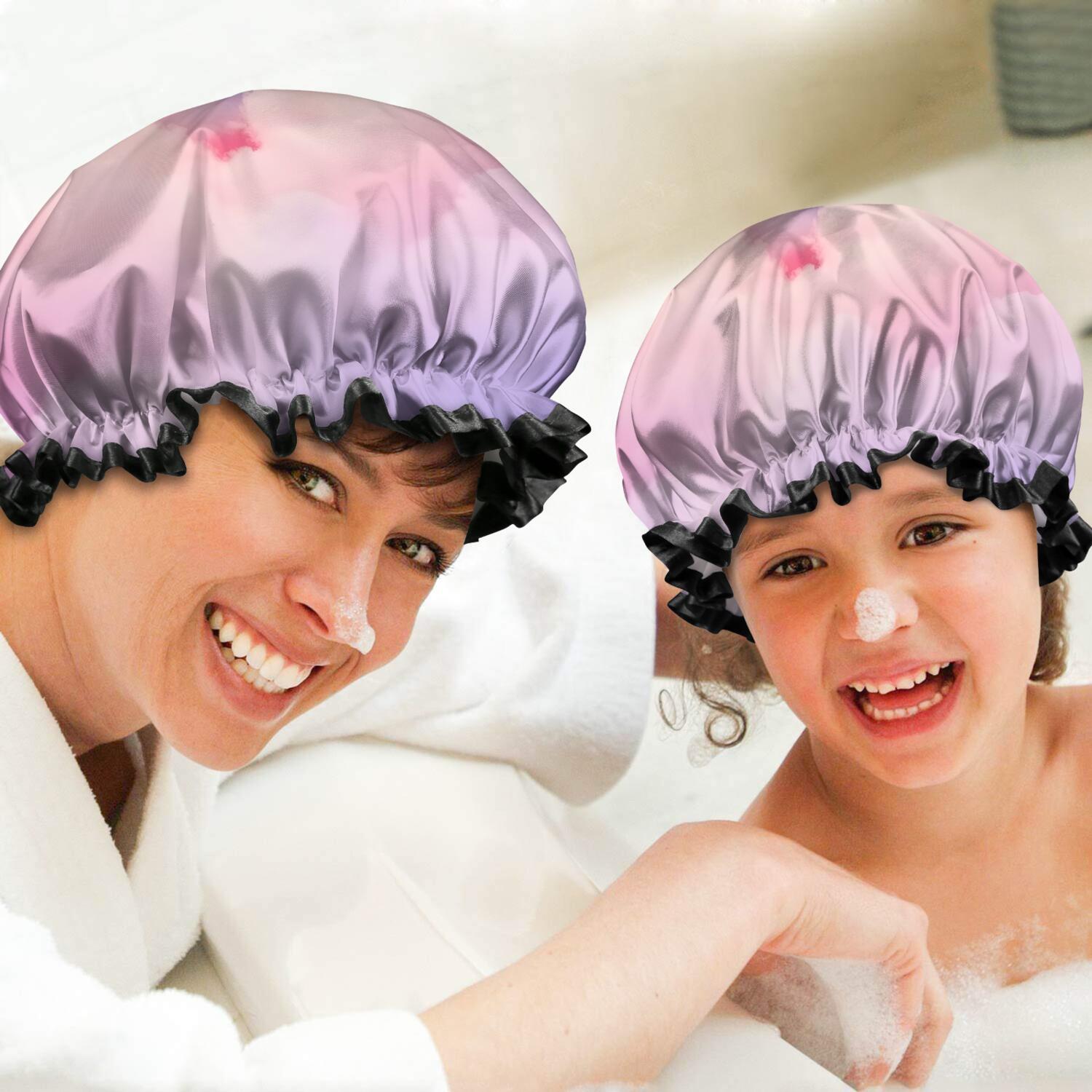 Shower Caps,Pastel Rainbow Clouds Waterproof Shower Cap for Women 4 Pieces,Double Reusable Hair Cover for Shower PEVA Elastic Stretch Hem