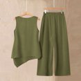 thumbnail image 4 of 2 Piece Women's Casual Linen Blend 2 Piece Outfit - Sleeveless Crew Neck Top with Decorative Side Buttons & High Waist Wide Leg Pants with Pockets, Solid Color Army Green XL, 4 of 6
