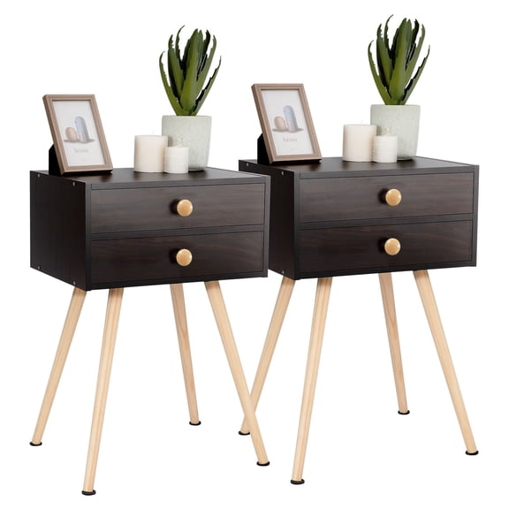 2 PCS Mid Century Modern 2 Drawers Sturdy Nightstand Sofa Side Table Espresso