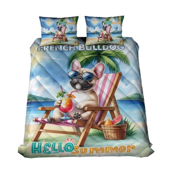 French Bulldog Hello Summer Beach Theme with Sunglasses and Tropical Cocktail Quilt Bedding Set Dog Lover Gifts 1 Blanket Bed Cover 2 Pillowcases - 00009