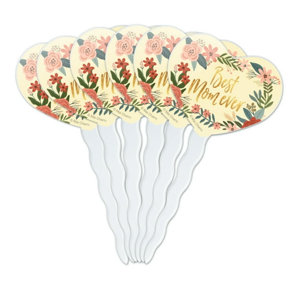 Best Mom Ever Pretty Flowers Mother's Day Heart Love Cupcake Picks Toppers Decoration Set of 6