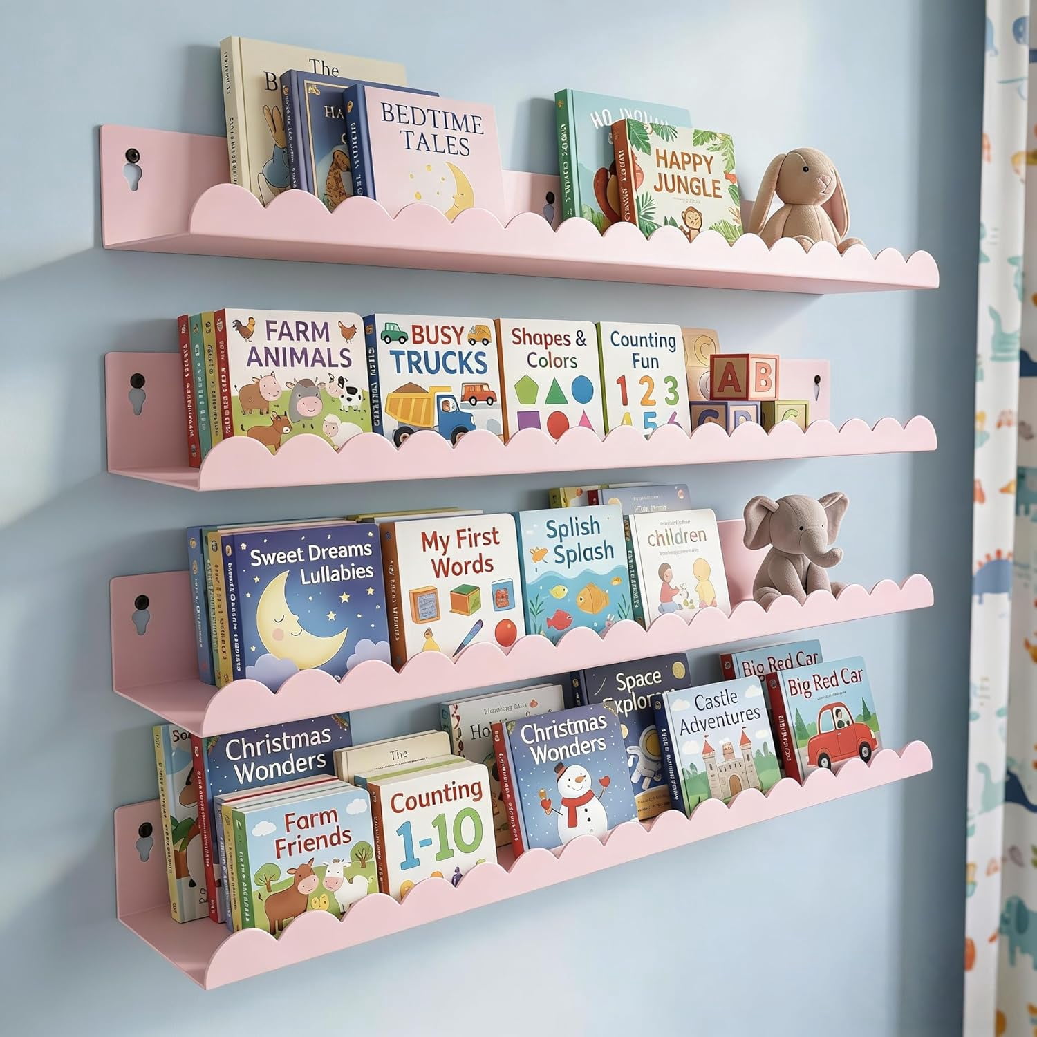 24 Inch Nursery Book Shelves Set of 4, Pink Metal Floating Shelves for Wall, Scalloped Cloud Book Shelf for Kids Room, Bathroom, Bedroom, Playroom Wall Decor & Storage