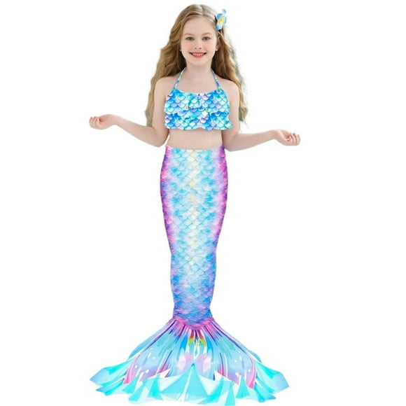 Luvoko Tween Girls 3 Piece Bikini Swimsuit Set, Girls Mermaid Skirt for Teen Bikini Top High Waisted Bathing Suits 3 Piece Swim Suit Childrens Swimsuits(Sky Blue,12-13 Years)