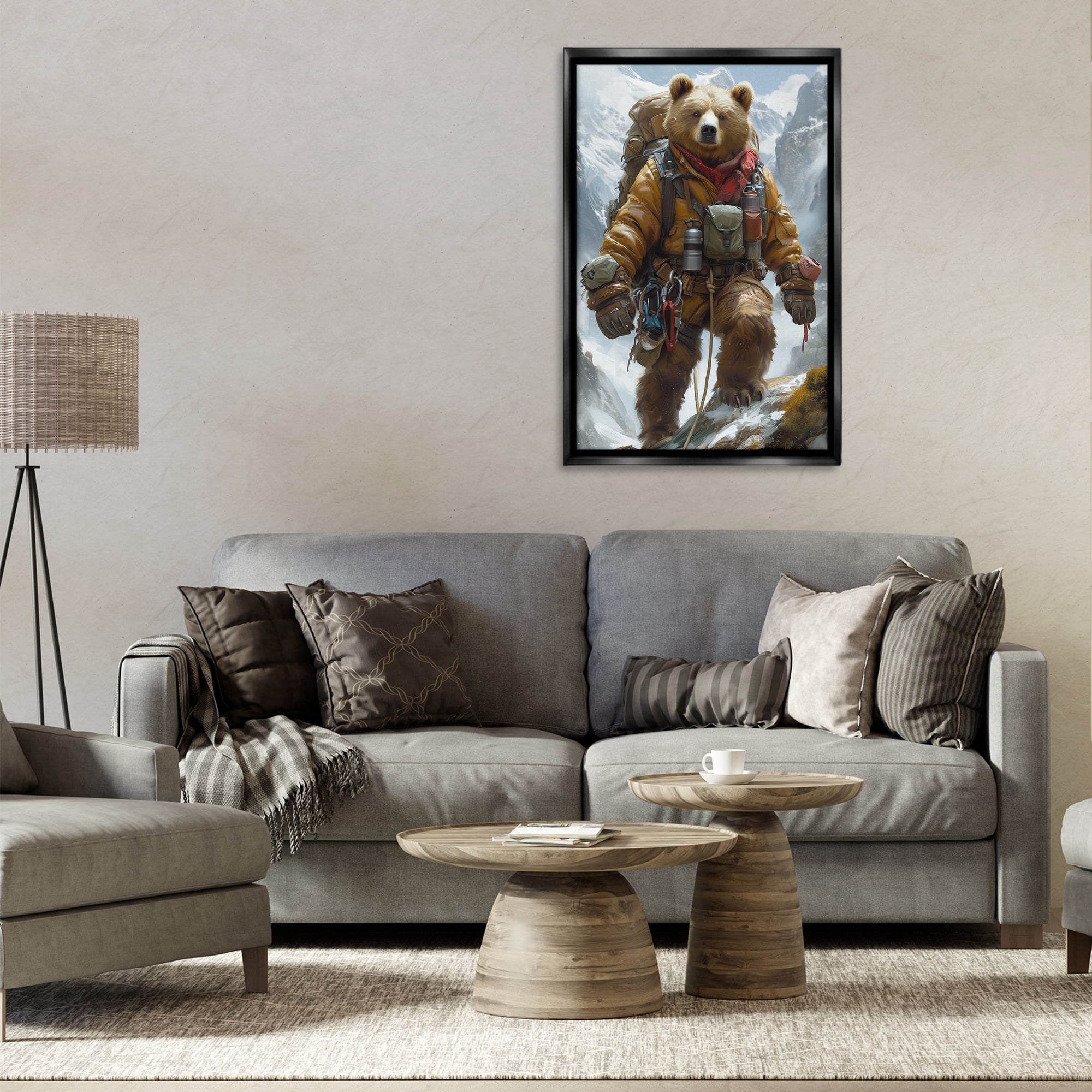 Stupell Industries Mountain Hiking Bear Animals & Insects Painting Black Floater Framed Canvas Art Print Wall Art, 21 x 31
