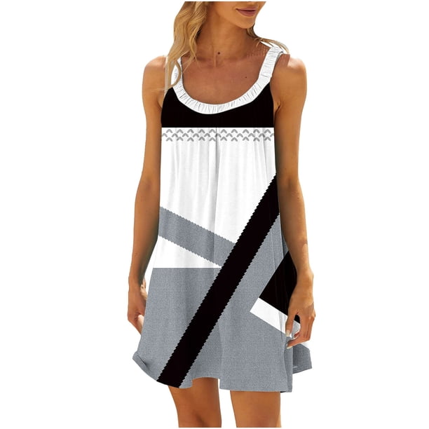 Vestido de Verano para las Mujeres Impreso sin Mangas Cuello Redondo, Suelto de Rodilla de Longitud Vestido Casual para la Primavera