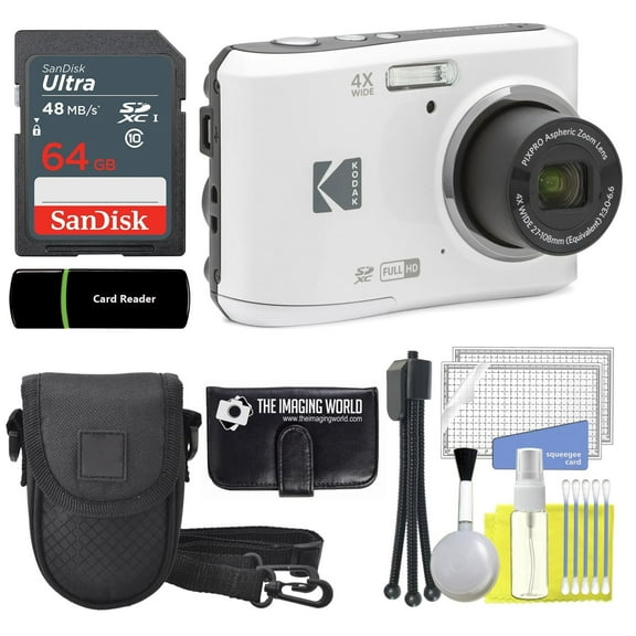 Kodak PIXPRO FZ45 16MP Digital Camera 4X Optical Zoom 27mm Wide Angle 1080P Full HD Video 2.7" LCD Camera White 64GB Card and Reader Case Memory Wallet Tripod Cleaning Bundle