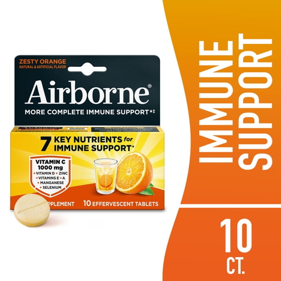 Airborne 1000mg Vitamin C Immune Support Effervescent Tablets, Zesty Orange Flavor, 10 Count