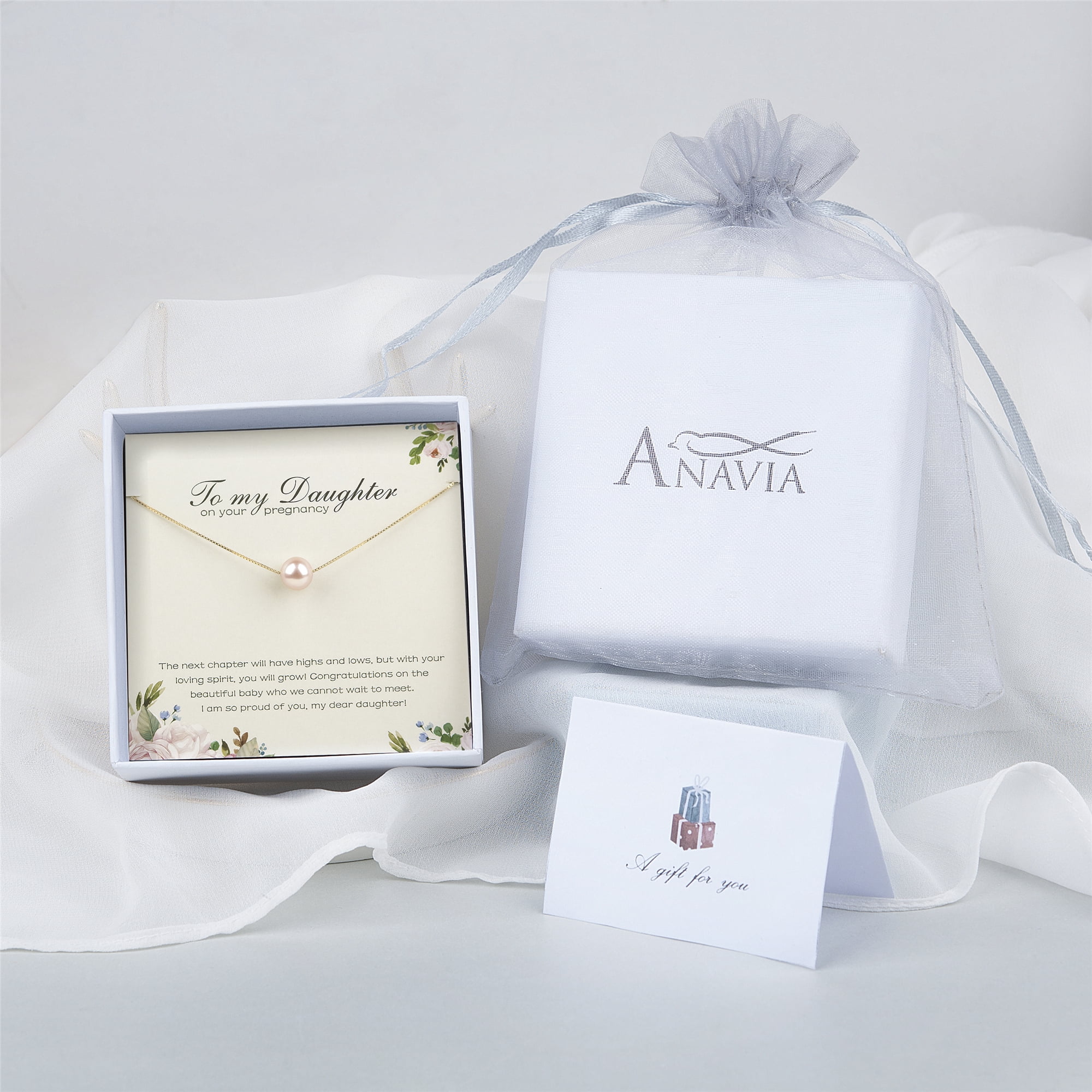 Anavia to Daughter Pregnancy Gift from Mom, Pregnancy Mom Pearl Necklace for Daughter, To My Daughter on your Pregnancy -[Pink Pearl + Gold Chain]