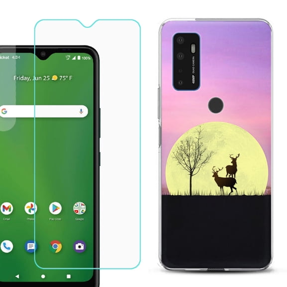Slim-Fit Gel TPU Phone Case for Cricket Dream 5G, with Tempered Glass Screen Protector, by OneToughShield ® - Moonlight Deer