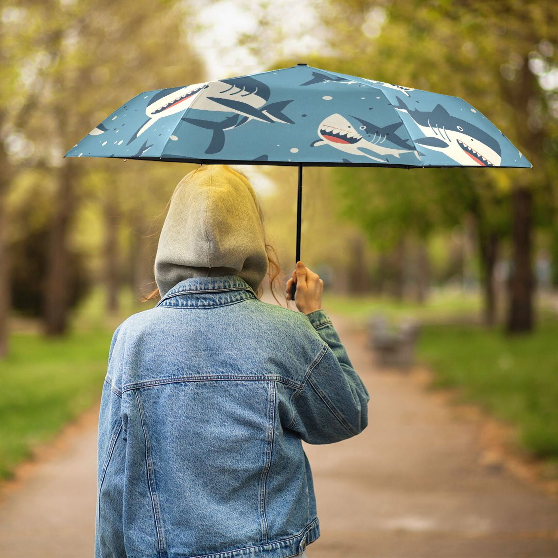 Compact Sun Umbrella Windproof Travel Umbrellas for Rain Strong Portable UV Protection Cute Cartoon Sharks
