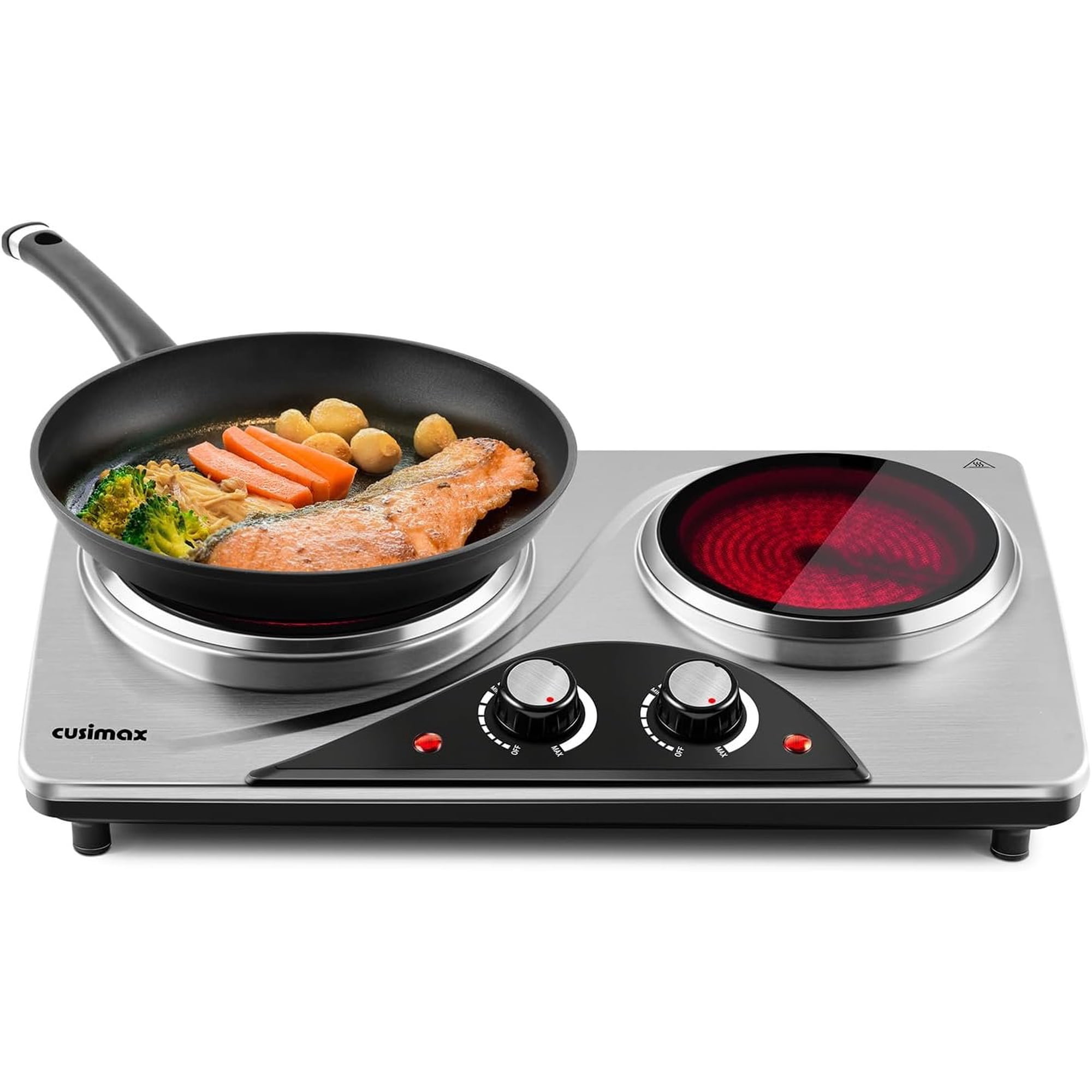 Hot Plate, Electric Double Burner Countertop Ceramic Stove | Control Cooking Stove/Works with Cookwares/Heat-Up in Seconds/Stainless Steel/Compact & Portable/Overheat Protection
