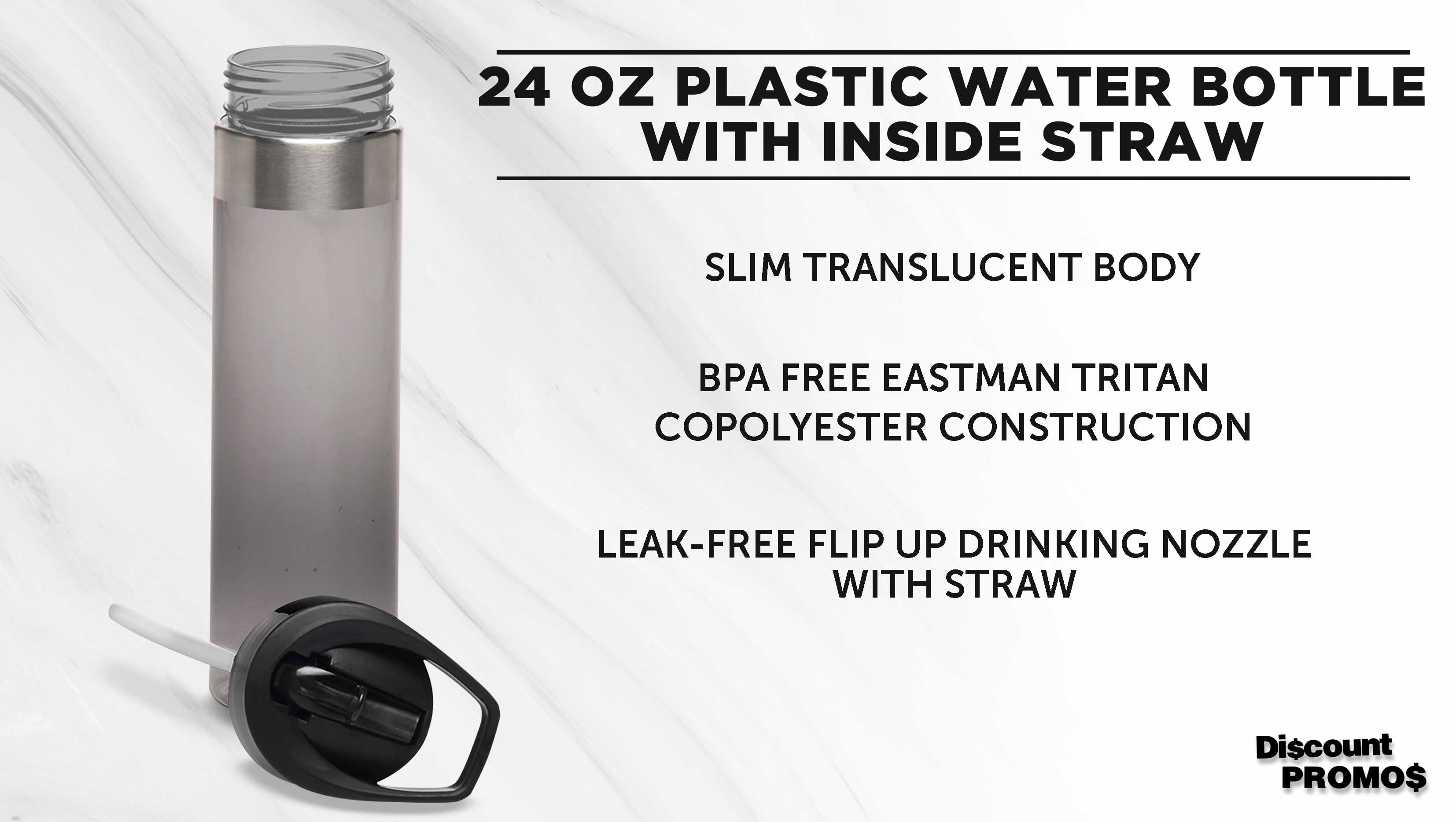 Plastic Water Bottle 24 oz with Inside Straw - BPA Free, Screw-On Cap, Flip Top Nozzle Mechanism - Slim Translucent Body - Eastman Tritan Copolyester - Charcoal - 10 Pack