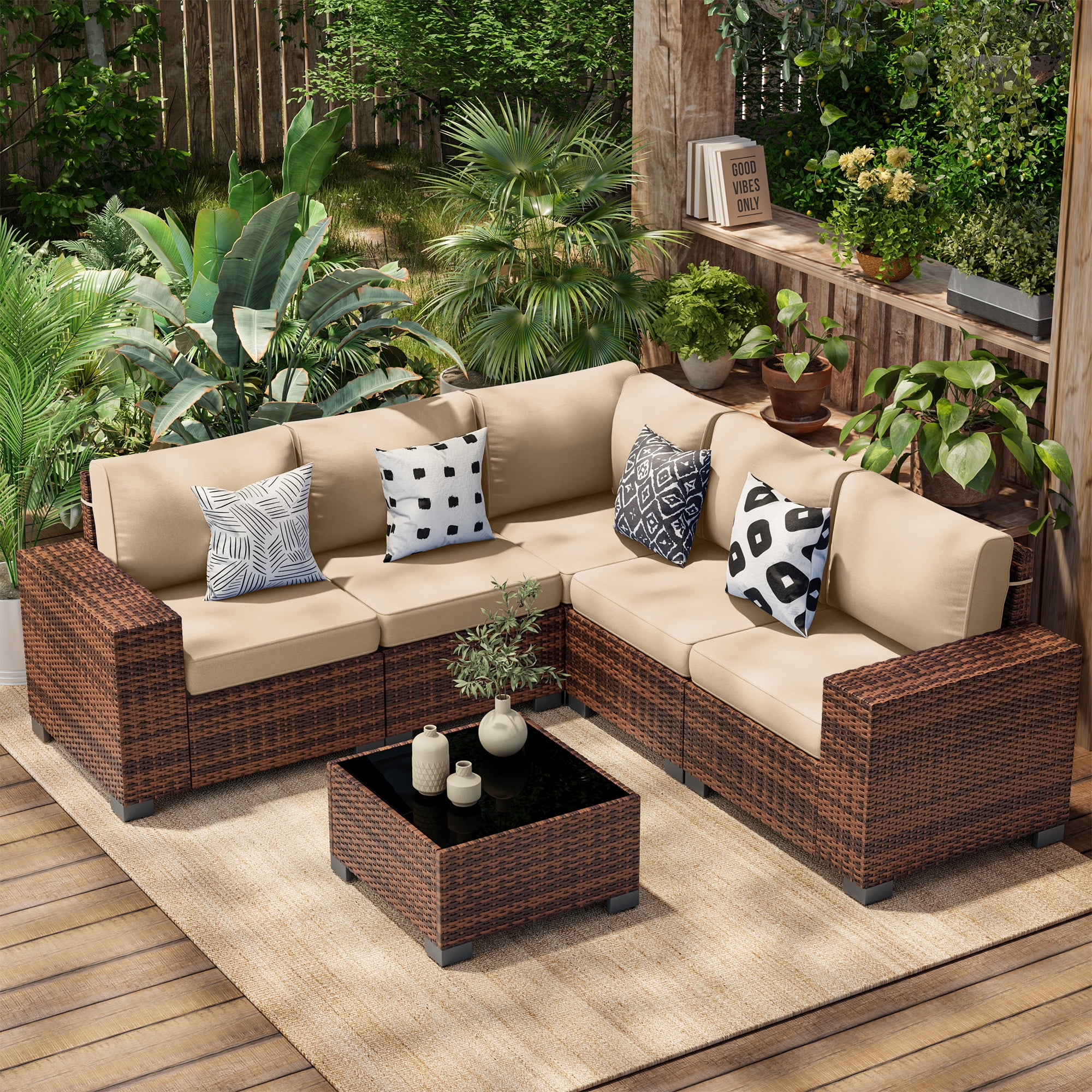 Poteban Patio Furniture Set 6 PCS Outdoor Sectional Conversation Sets Featuring Widen Wicker Armrests and High Back,Brpwn&Khaki