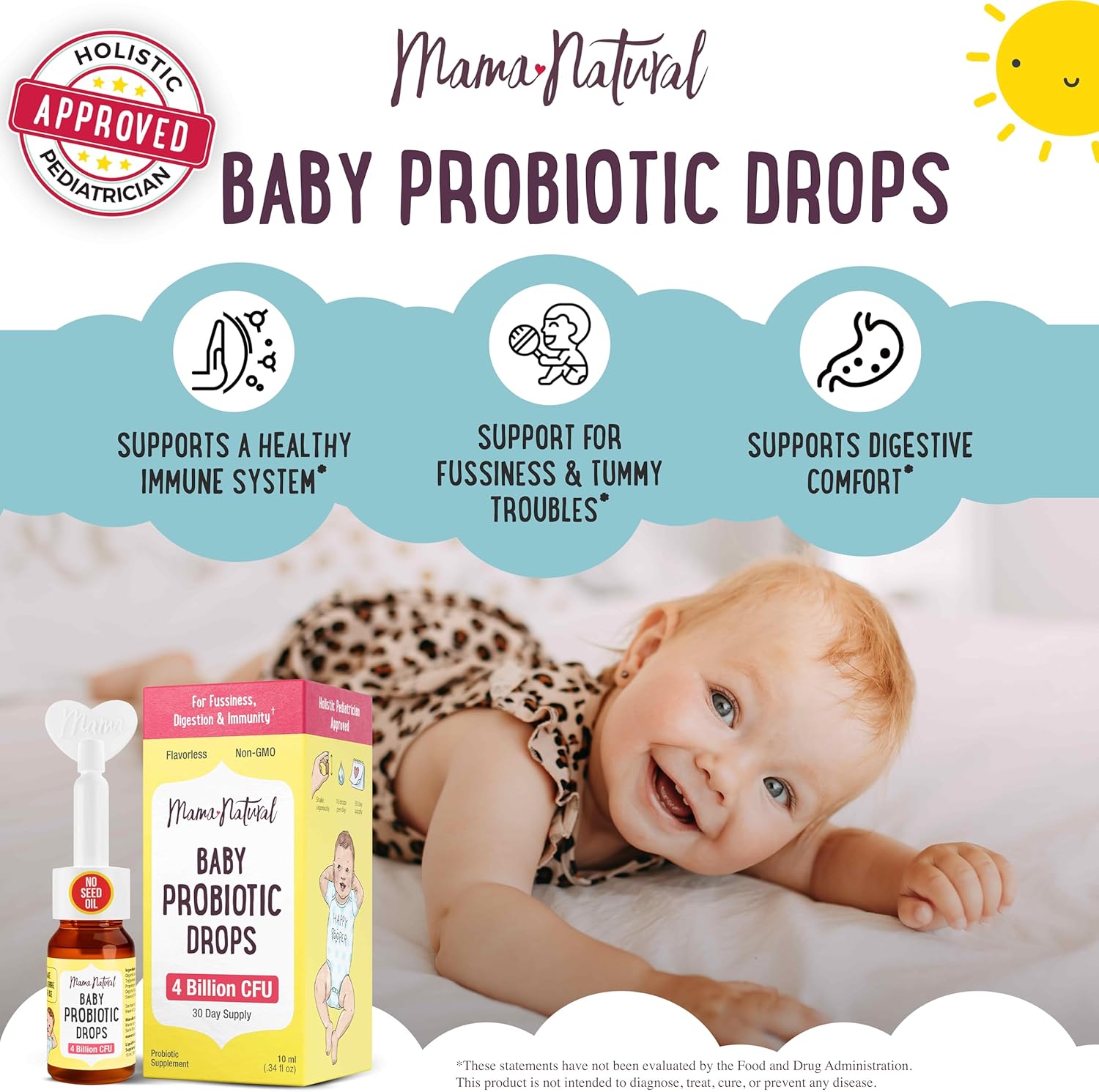 Mama Natural Baby Probiotic Drops | Pediatrician-Approved Infant Probiotic Colic Drops – Infant Gas, Constipation, Fussiness & Immune Support Supplement – 10 Strains & 4 Billion CFU with MCT Oil