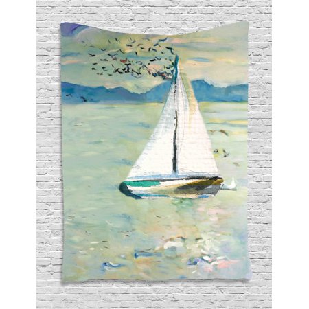 Teal Blue Bedroom Decor Art Tapestry, Monet Sailing Boat Yacht with Birds Watercolor Brushstroke Composition, Wall Hanging for Bedroom Living Room Dorm Decor, Pale Blue Teal and White, by Ambesonne ()