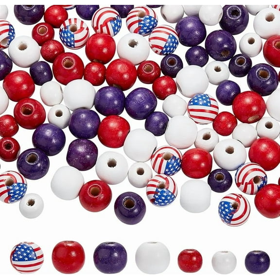 140Pcs Round Wood Beads Bulk Patriotic Wooden Beads 12mm 16mm Independence Day USA 4th of July Bead America Red Blue American Flag Loose Beading Kit