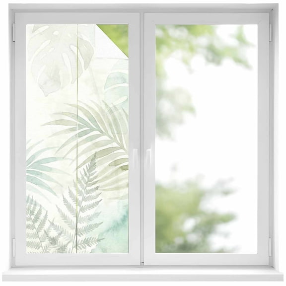 Summer Botanical Window Privacy Film, Green Tropical Palm Leaves Watercolor Static Cling UV Sun Blocking Heat Control Window Tint Day and Night, Non-Adhesive One Way Privacy Cover 17.7''x39.3''
