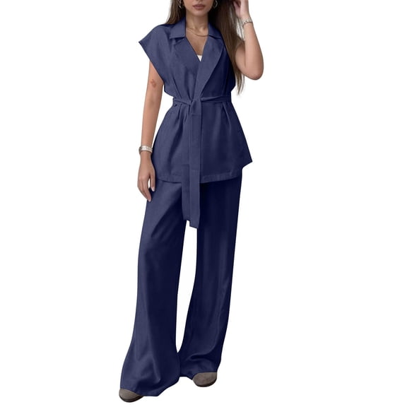 Women's Summer 2 Piece Outfits Cap Sleeve V Neck Blazer Vest Wide Leg Pant Sets Office Work Clothes 2026 Navy M