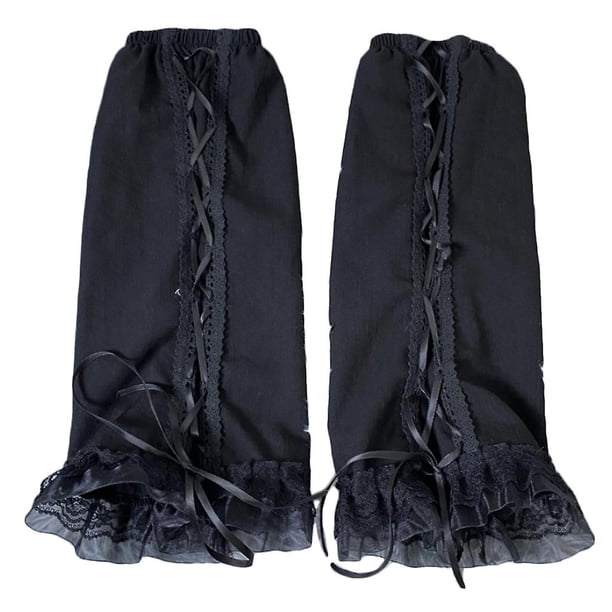Calentadores de piernas negros góticos Punk para mujer y niña, calcetines hasta la pantorrilla con cordones cruzados Harajuku, cubierta de pie de encaje de volantes Lolita