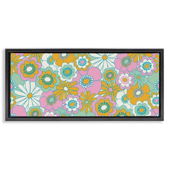 Stupell Industries Eclectic Retro Flower Pattern Black Floating Frame Canvas Art, 25 x 11, by Carrie Cantwell