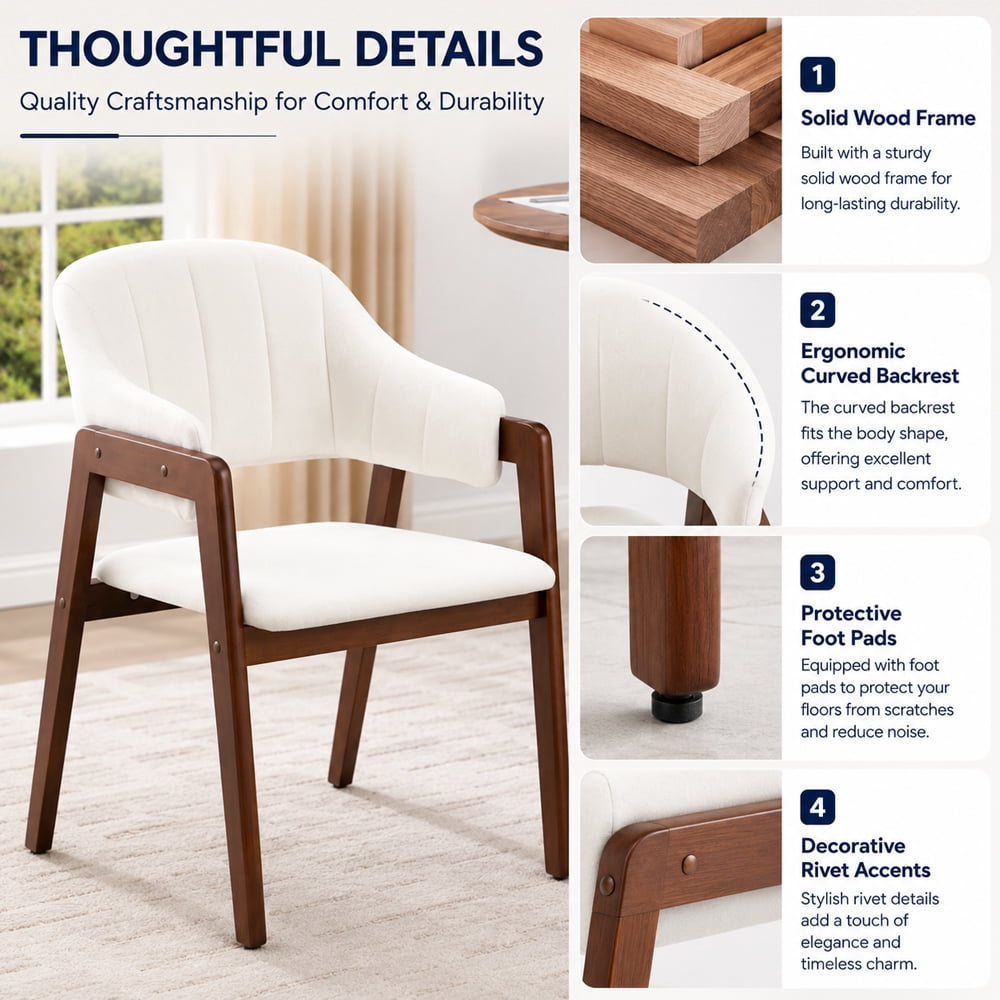 MOONMISS Mid-Century Modern Upholstered Dining Chair with Curved Back and Wooden Frame, Fabric Armchair for Dining Room Kitchen Living Room