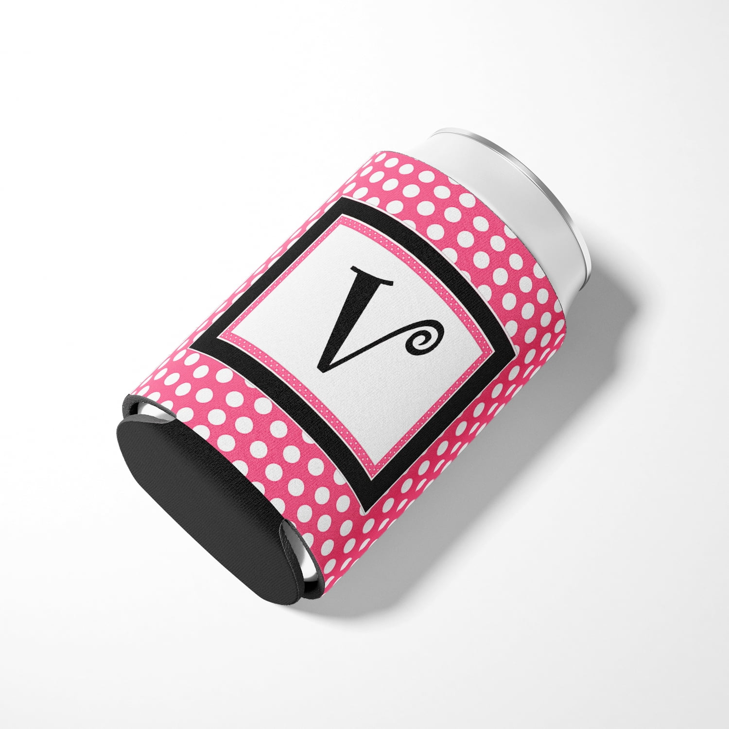 Letter V Monogram - Pink Black Polka Dots Can or Bottle Hugger