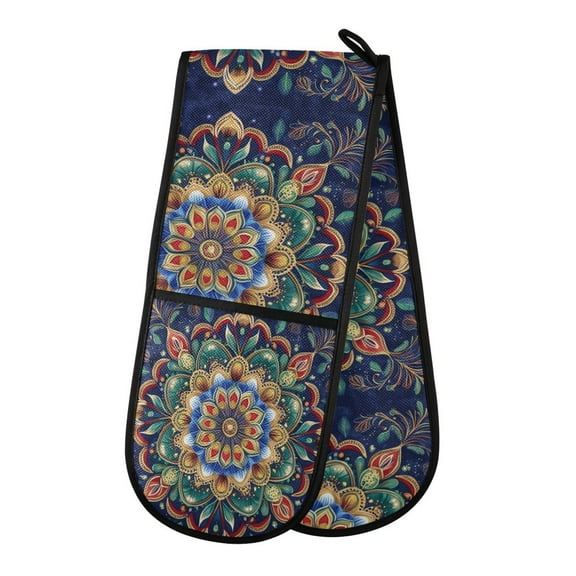 35" x7" Double Oven Mitt Heat Resistant Oven Gloves Withstands Up to 200°C for Kitchen Baking & BBQ Vibrant Mandala Pattern