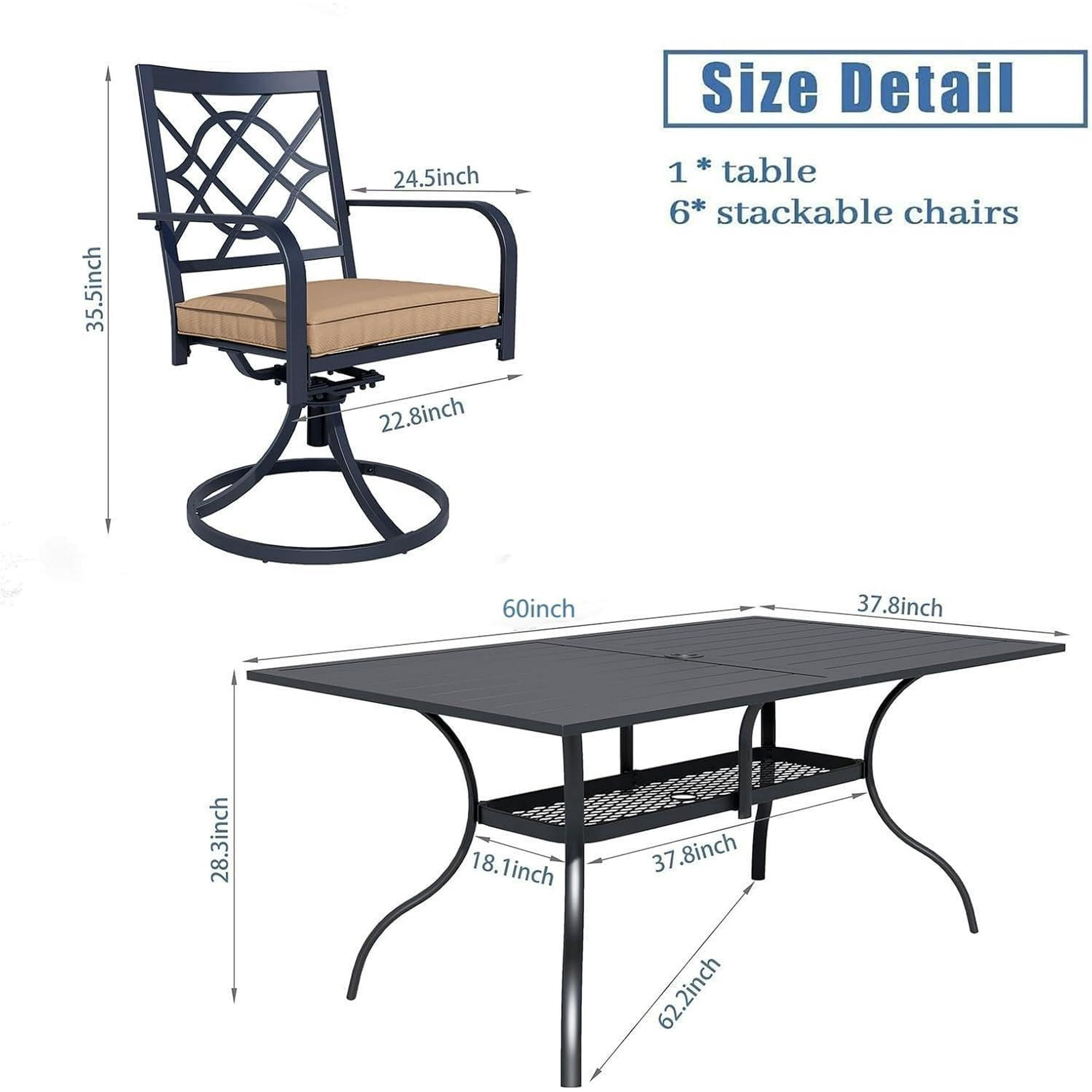SOLAURA 7 Piece Outdoor Patio Dining Set, Metal Furniture Set: Rectangular Dining Table with Umbrella Holes & 6 Swivel Chairs for Backyard, Garden, Balcony