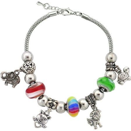 Silvertone Zoo Theme Charm and Glass Beads Bracelet with Extender, 7.5