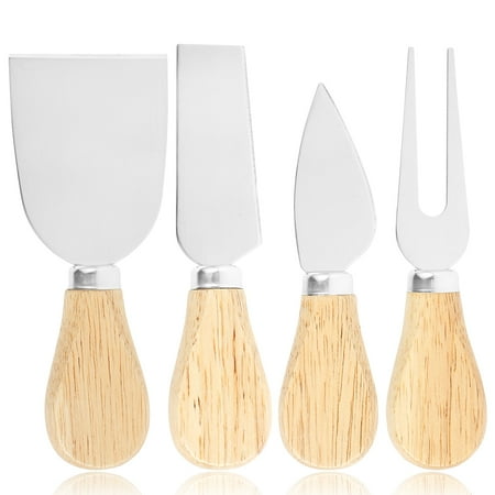 

4Pcs Cheese Knife Kit 2CR14 Stainless Steel Sharped Butter Cutter Set Multifunctional Cheese Shovel Fork Knife with Wood Handle for Home Restaurant BBQ Cooking