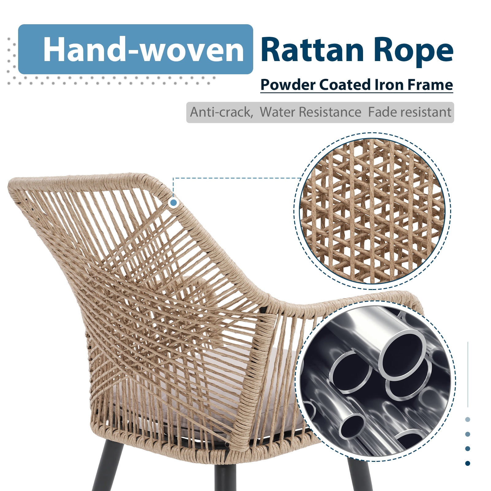 JOIVI 5-Piece Outdoor Patio Dining Set with Rattan Dining Chairs for 4-Person & Tempered Glass Table, 2.16” Umbrella Hole, Tan