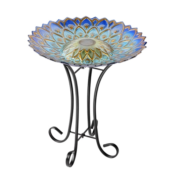 Hi-Line Gift Ltd 78415-R Solar Peacock Blue Geometric Glass Bird Bath with Stand