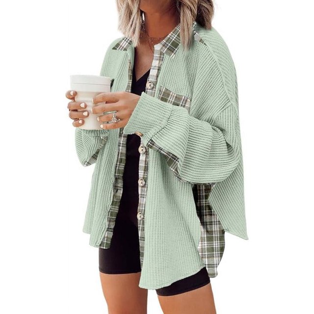 Womens Waffle Knit Plaid Shacket Boyfriend Button Down Shirt Jacket Loose Long Sleeve Tops