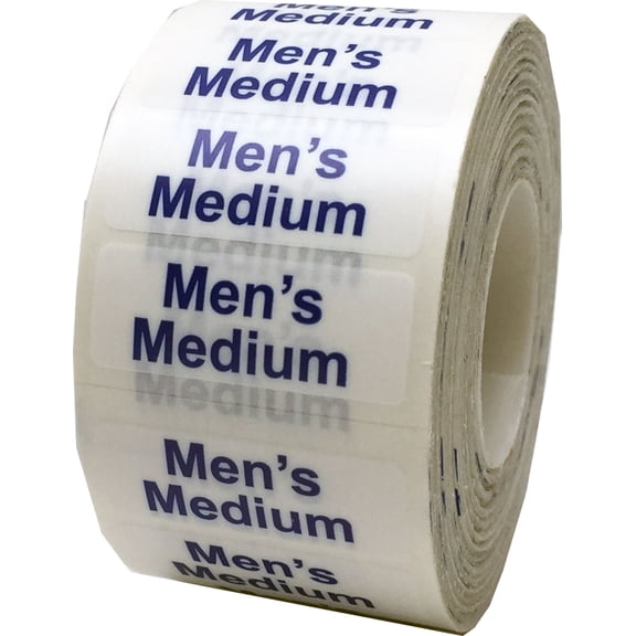 Men's Medium Clear Clothing Size Strip Stickers, 1.25 x 5 Inches in Size, 125 Labels on a Roll