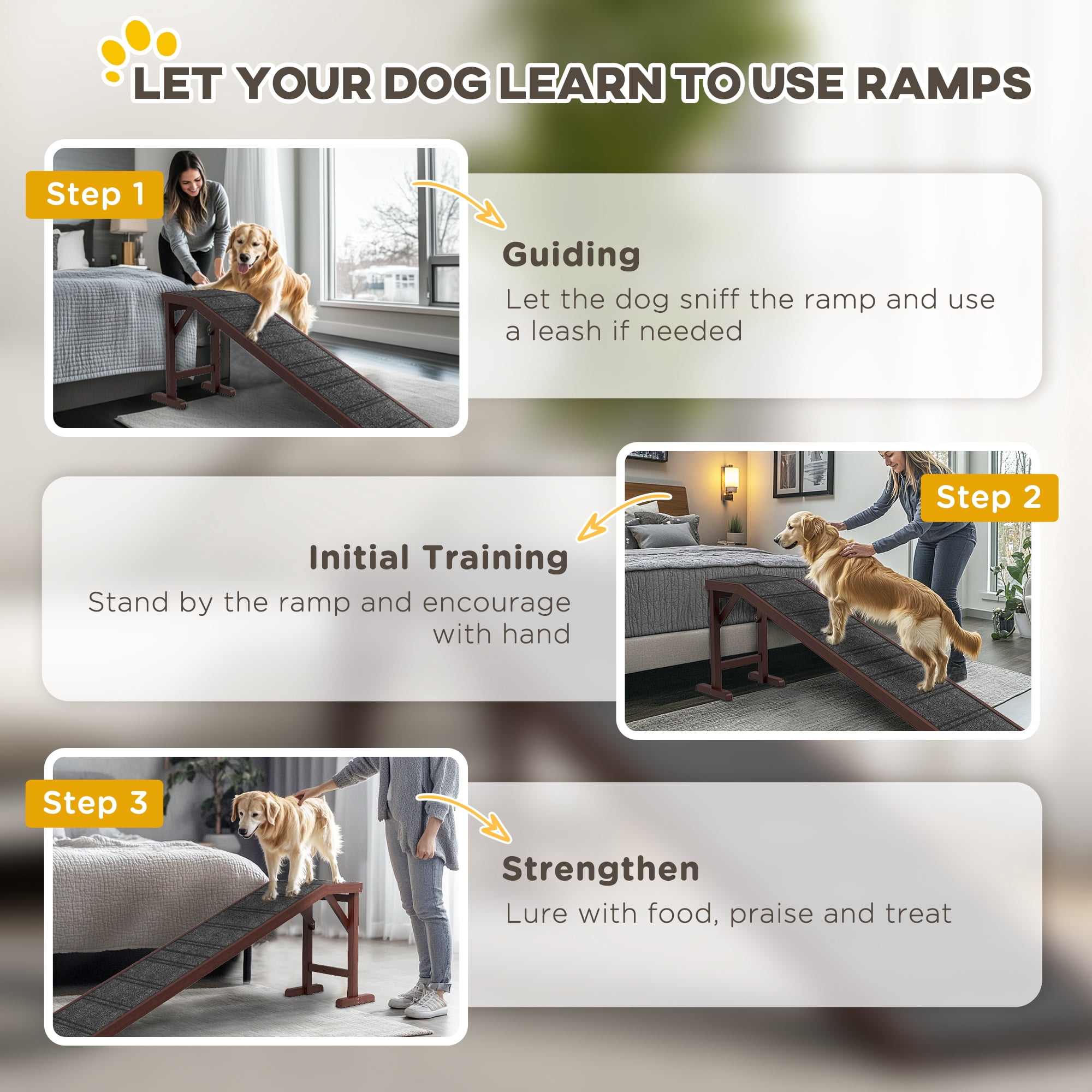 Dog Ramp for Bed, Pet Ramp for Dogs with Non-Slip Carpet and Top Platform, 74" x 16" x 25", Brown