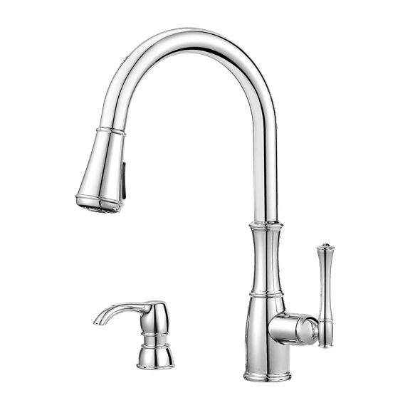 Open Box Pfister Wheaton 1-Handle Pull-Down Kitchen Faucet with Soap Dispenser in Polished Chrome