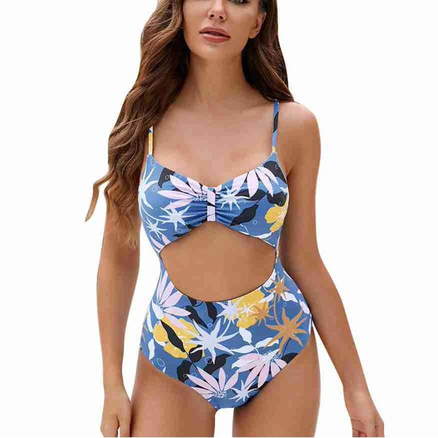 Traje de baño de una pieza fruncido Correa de espagueti Sin mangas Ahueca hacia fuera Traje de baño de una pieza con estampado floral suave Estampado floral S
