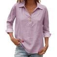 thumbnail image 2 of ManxiVoo V Neck Button Down Blouse for Women 3/4 Sleeve Cotton Linen Shirt Breezy Summer Tops Relaxed Fit Casual Office Wear M Size Light Violet, 2 of 9