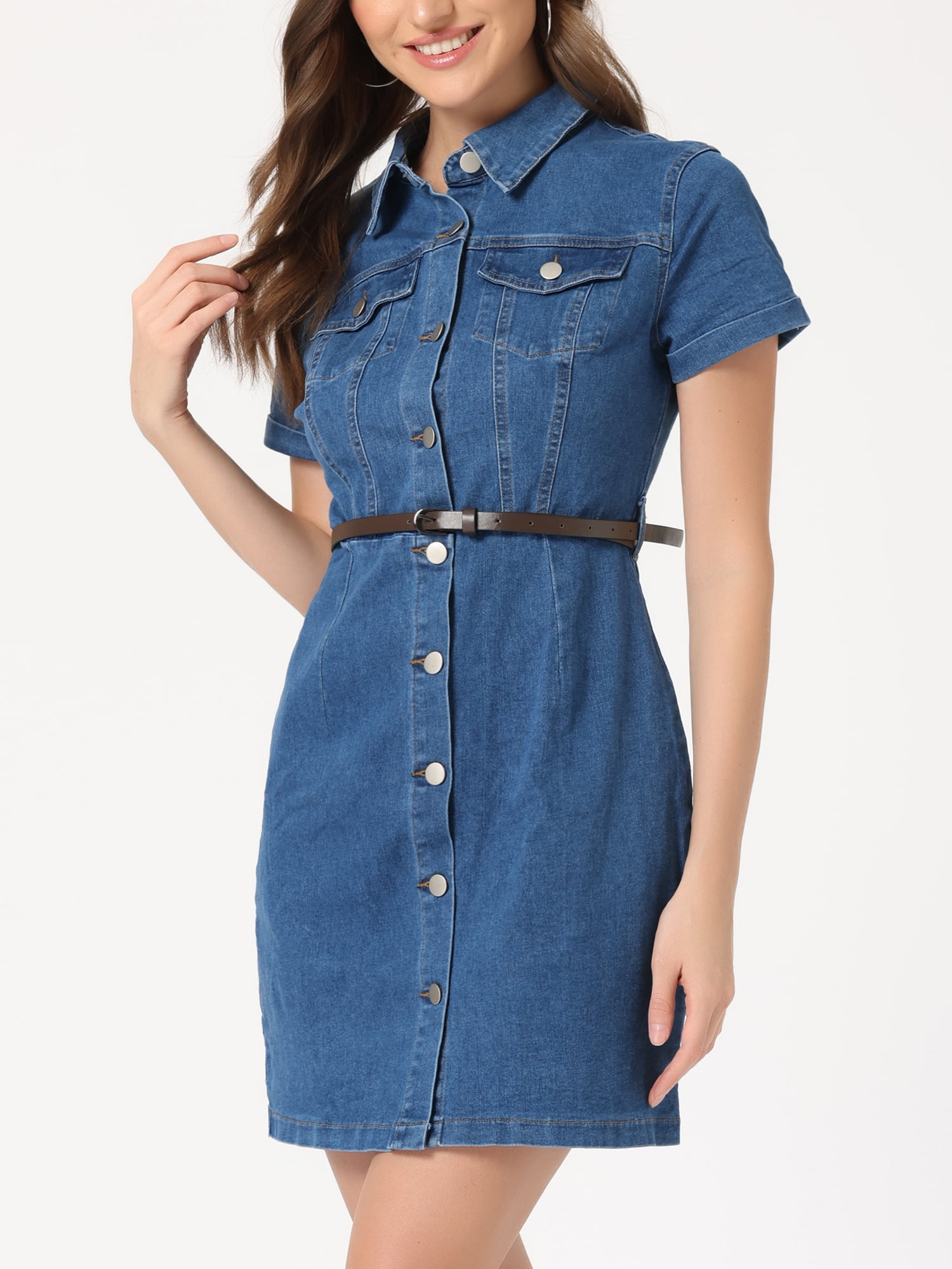 DARING DIVA Casual Collared Short Sleeve Denim Shirt Dress XS Blue L M-Blue