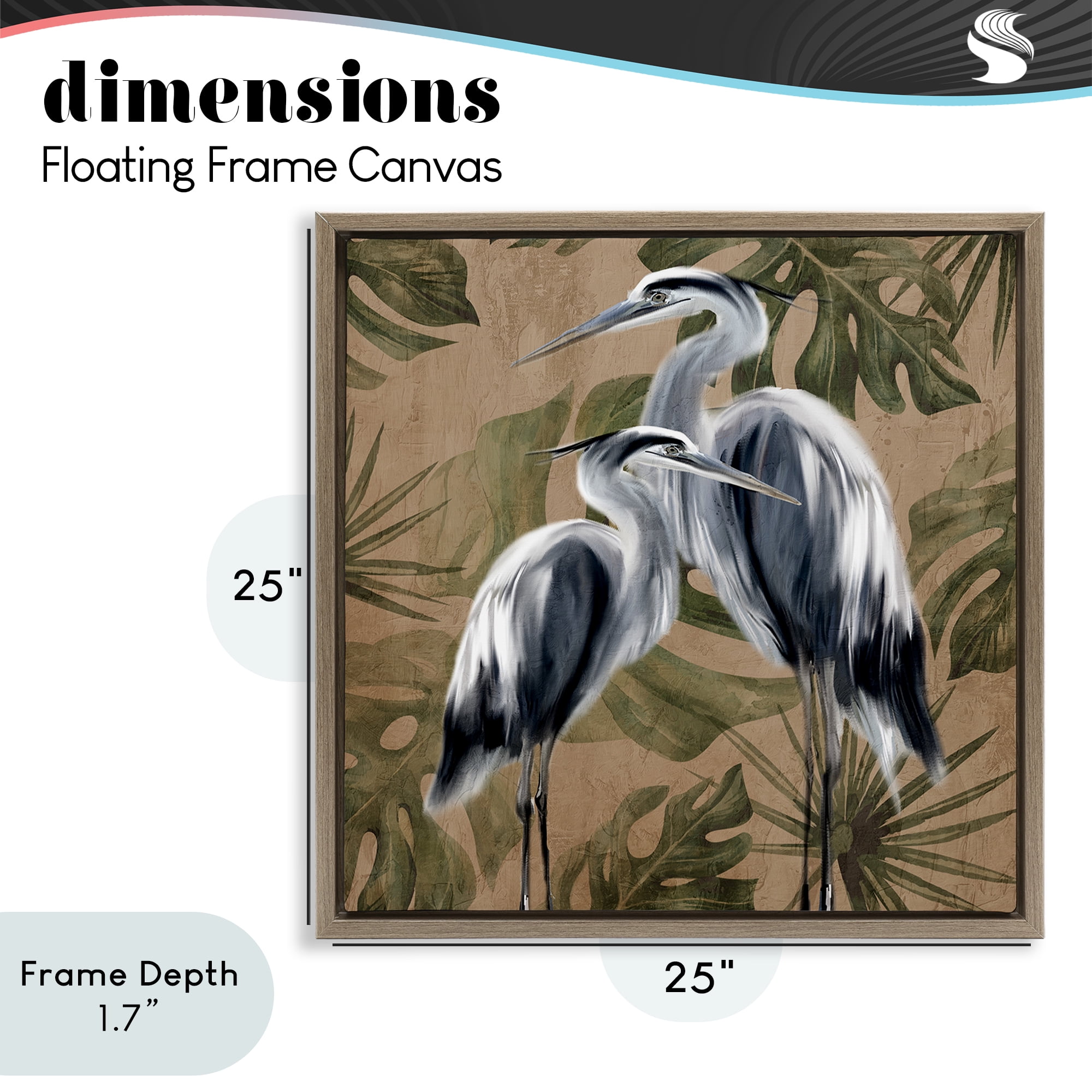 Stupell Industries Two Herons over Tropical Leaves Brown Framed Floater Canvas Wall Art, design by Kim Allen