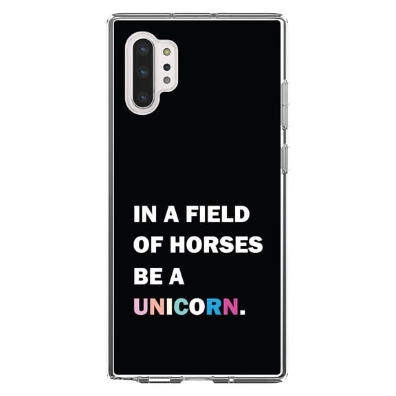 DistinctInk Clear Shockproof Hybrid Case for Galaxy Note 10 PLUS (6.8" Screen) - TPU Bumper, Acrylic Back, Tempered Glass Screen Protector - In a Field of Horses, Be a Unicorn - Rainbow